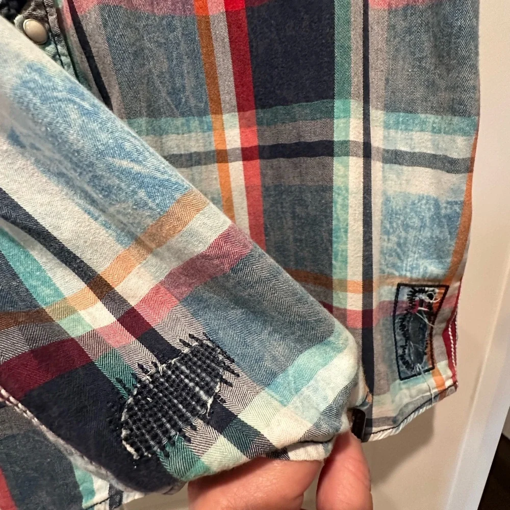 Affliction Men's Blue and Red Plaid Snap Down Shirt - Picture 3 of 9